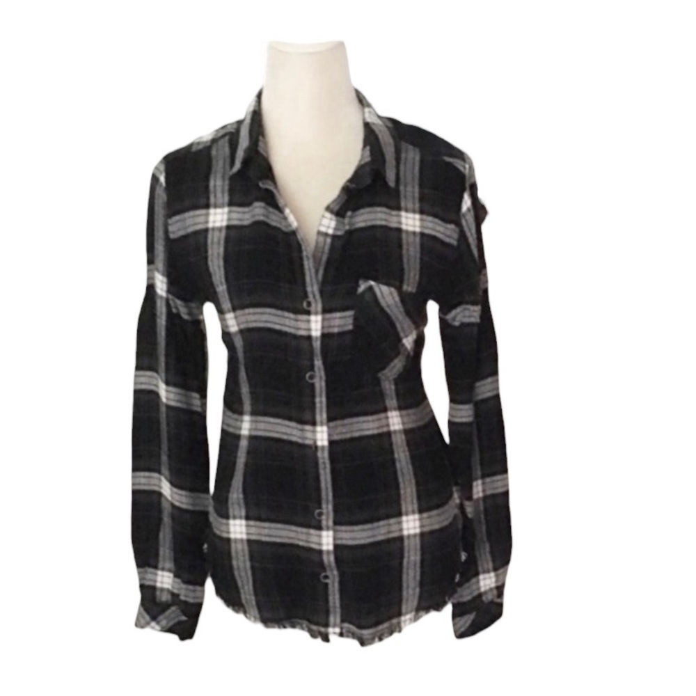 Anthropologie Cloth & Stone Black Plaid Shirt Size Medium